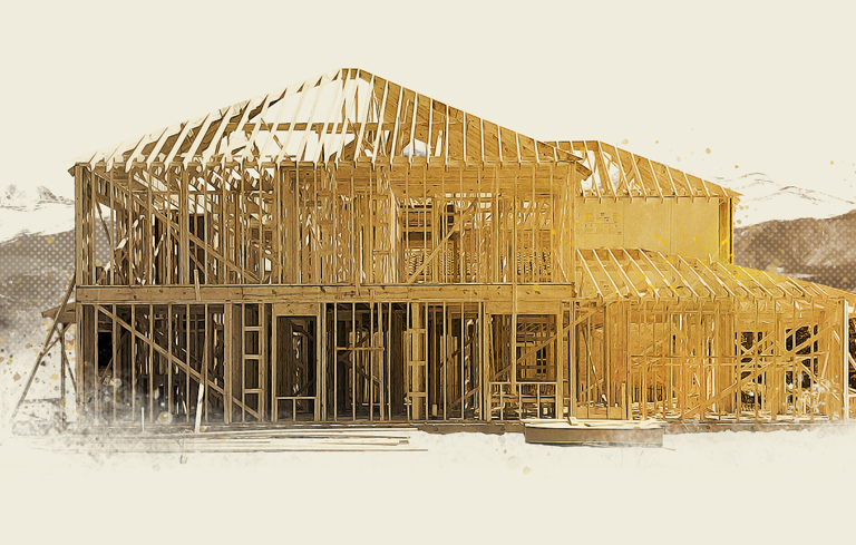 Wooden frame of a house under construction against a sepia-toned background.