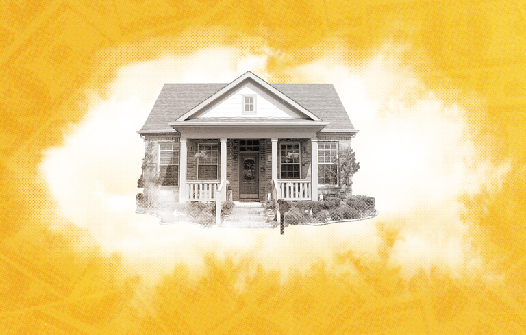 Illustration of a single-story house with property tax information on a yellow textured background.