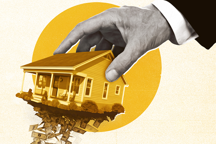 A stylized illustration of a giant hand placing a house atop a pile of currency to represent Property Tax Ballot Initiatives, with a gold and cream background.