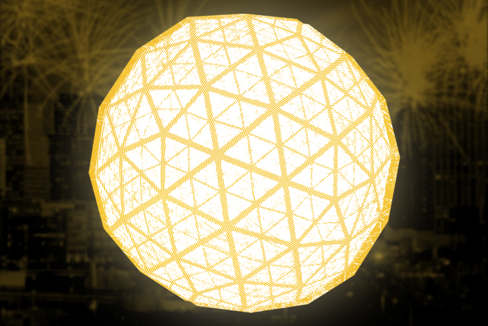 Illuminated spherical wireframe structure glowing against a dark background with New Year fireworks-like patterns.