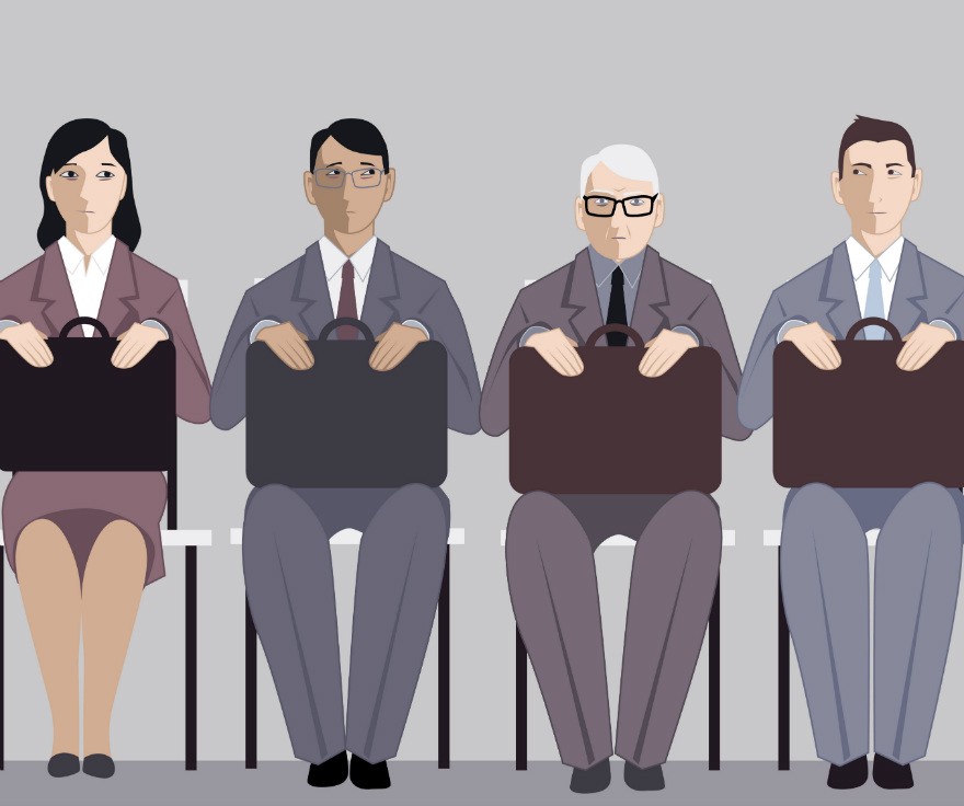 cartoon illustration with four people holding briefcases (age discrimination in colorado)